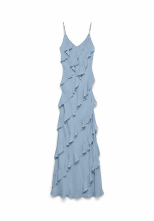 Helehall sinine varrukateta maksikleit õhukeste rihmadega ja esiservas ning külgedel langevate volangide detailidega.