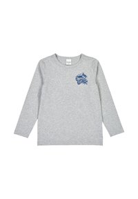 T-shirt grigia a maniche lunghe in cotone, con una grafica blu sul lato sinistro del petto che raffigura un camion e montagne.