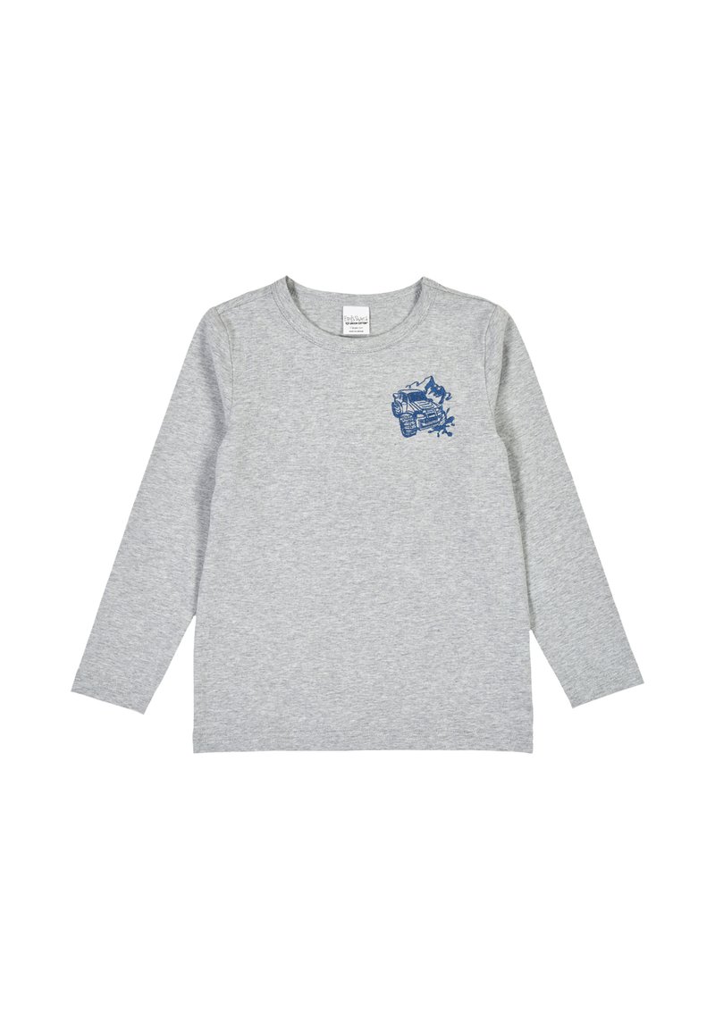 T-shirt grigia a maniche lunghe in cotone, con una grafica blu sul lato sinistro del petto che raffigura un camion e montagne.