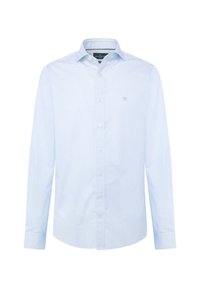 Lichtblauw en witte gestreepte longsleeve shirt van katoen met een button-down kraag en een logo op de borst. Het heeft ronde manchetten en een rechte zoom.