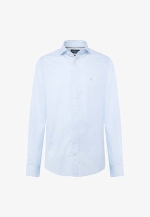 Lichtblauw en witte gestreepte longsleeve shirt van katoen met een button-down kraag en een logo op de borst. Het heeft ronde manchetten en een rechte zoom.