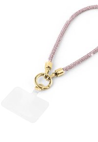 Różowy warkoczowy sznurek na szyję z metalowymi elementami w kolorze złotym i przezroczystym uchwytem na identyfikator. Posiada okrągły pierścień do solidnego mocowania.