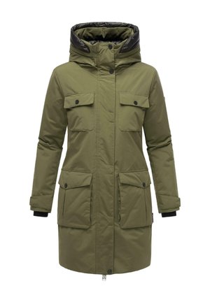 Olive green parka jacket with a hood, black accents, two chest pockets, and two lower flap pockets, featuring zip and button closure.