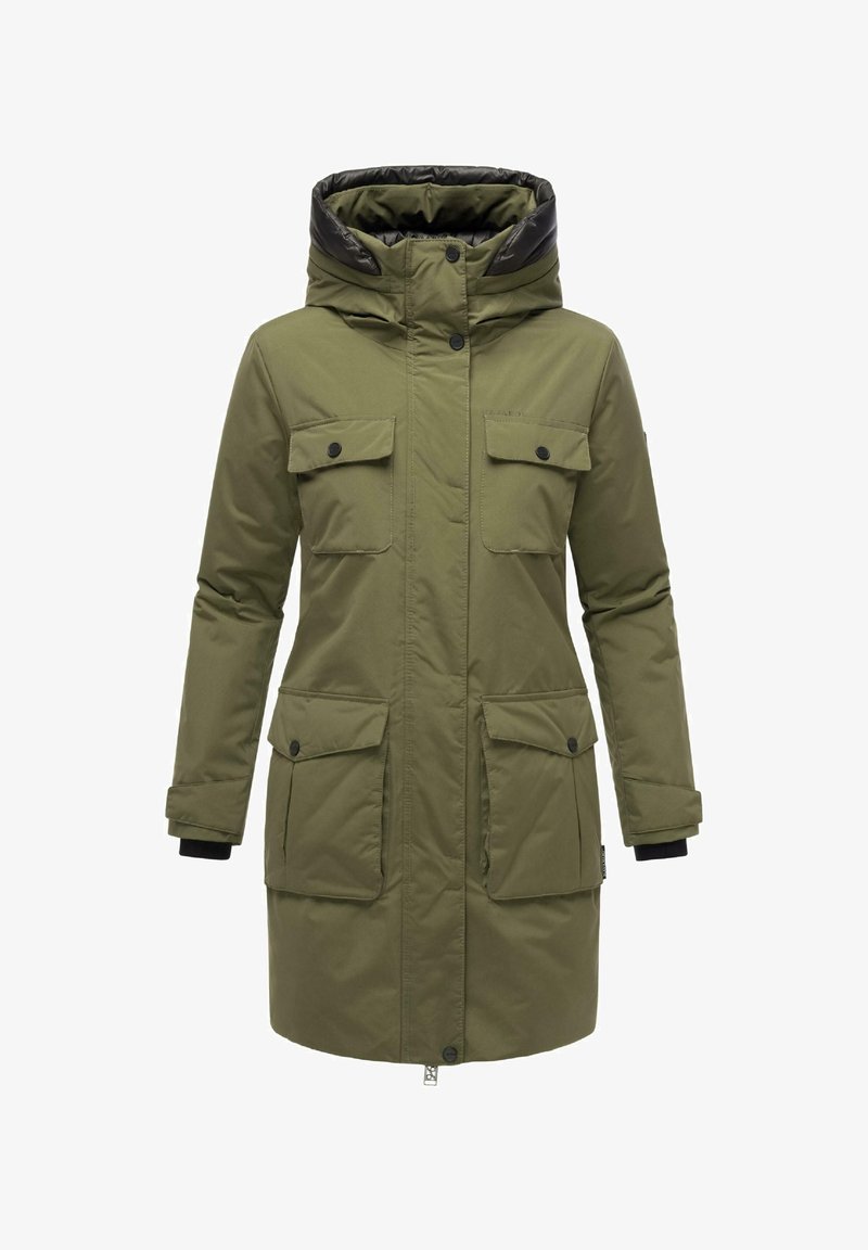 Olive green parka jacket with a hood, black accents, two chest pockets, and two lower flap pockets, featuring zip and button closure.
