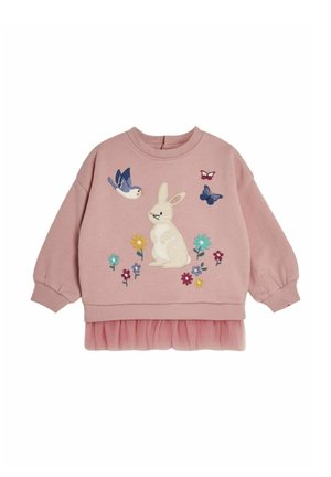 Rosa Sweatshirt mit gesticktem Hasen, Vögeln und Blumen. Verfügt über einen Tüllrüschensaum und Rippbündchen. Stoff mit weicher Textur.