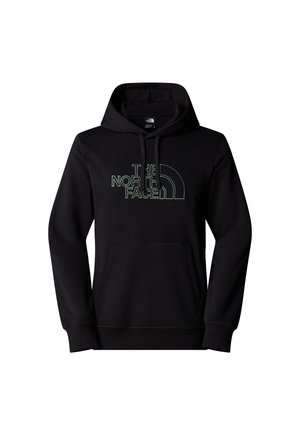 Schwarzer Hoodie aus Baumwollgemisch mit Kängurutasche, Kapuze mit Kordelzug und grünem Logo-Text mit geschwungener Schrift auf der Vorderseite.