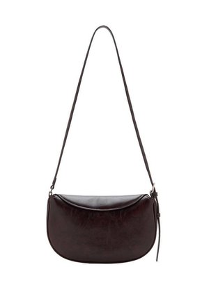 Dark brown leather shoulder bag with a curved flap closure and adjustable strap, minimalist design without visible hardware details.