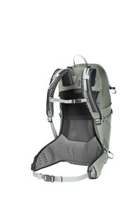 Lichte rugzak in grijs met mesh achtersteun, verstelbare banden en meerdere beveiligde compartimenten voor het opslaan van uitrusting.