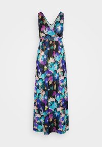 Robe maxi avec un décolleté en V et un design enveloppant, réalisée en tissu léger avec un motif floral vivant en bleu, violet et rose sur un fond noir.
