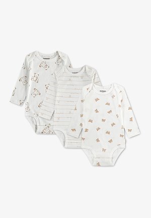 Drei weiße Babybodys mit langen Ärmeln, braunen Teddybärmotiven und dezenten Streifen, nebeneinander auf einem weißen Hintergrund gelegt.