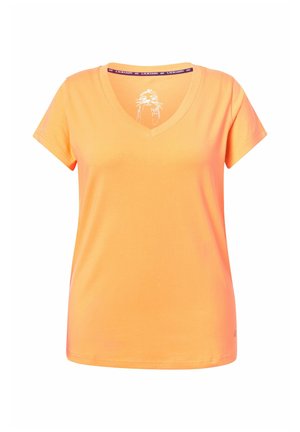 Oranges V-Ausschnitt T-Shirt aus weicher Baumwolle mit kurzen Ärmeln, ausgestattet mit einem weißen Druckdesign auf dem oberen Rücken und einem geraden Saum.
