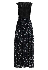 Maxi šaty s černým strukturovaným tělem, volánovými rukávy, užším pasem a splývavou sukní zdobenou bílými květinovými vzory.