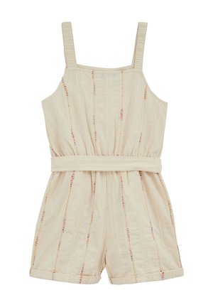 Beżowy bezrękawnik z dopasowanym paskiem w talii, pionowymi wielokolorowymi paskami oraz szortami z podwiniętymi mankietami.