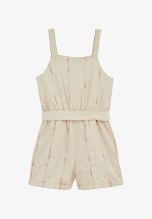 Bež kombinezon bez rukava sa strukom koji se prilagođava, vertikalnim prugama u više boja i kratkim hlačama sa manšetama.