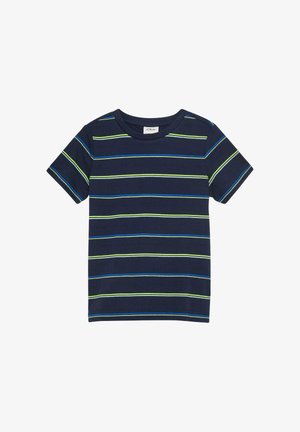 Marineblauw shirt met korte mouwen, horizontale lichtgroene en blauwe strepen, ronde halslijn en een s.Oliver-label aan de binnenzijde van de kraag.