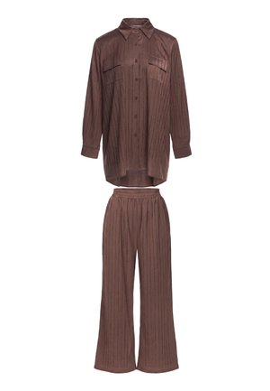 Brown pajama set with long-sleeve button-up shirt, two chest pockets, and matching wide-leg pants, both with subtle vertical stripes.