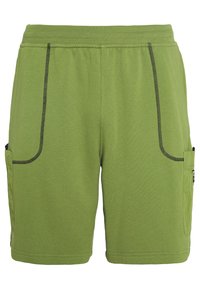 Zelené bavlněné šortky s elastickým pasem, dvěma bočními kapsami a černými švy. Hladká textura, ležérní design.