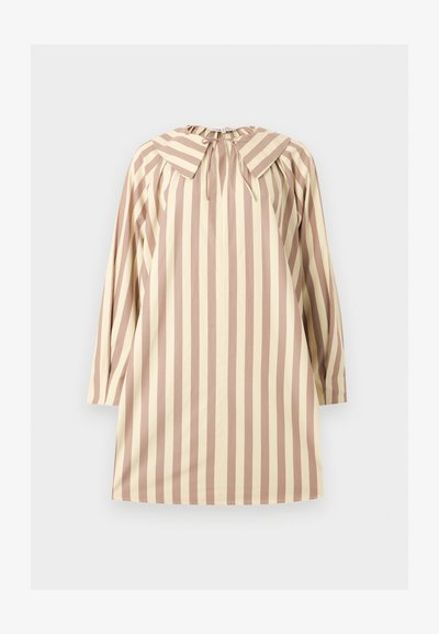 Φόρεμα με μακριά μανίκια με μπεζ και ανοιχτό καφέ κατακόρυφες ρίγες, με μεγάλο μυτερό γιακά και λεπτομέρεια με κορδέλα μπροστά.