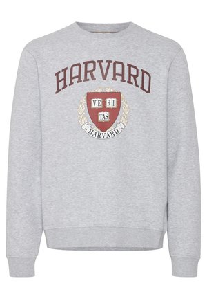 Halli hallidega hall sweatshirt, millel on "HARVARD" marooni tekstiga heraldi kohal, kus on "VERITAS" ja dekoratiivsed lauri aktsendid.