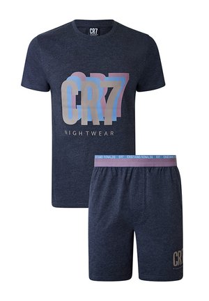 Zestaw nocnej odzieży w ciemnoniebieskim kolorze z krótkim rękawem z logo „CR7” na koszulce i szortach, elastycznym pasem z napisem „Cristiano Ronaldo”.