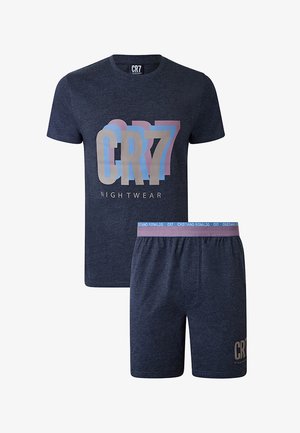 Zestaw nocnej odzieży w ciemnoniebieskim kolorze z krótkim rękawem z logo „CR7” na koszulce i szortach, elastycznym pasem z napisem „Cristiano Ronaldo”.
