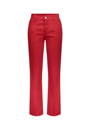 Rote Hose mit geradem Bein, Fronttaschen, Gürtelschlaufen und Knopfverschluss auf weißem Hintergrund.