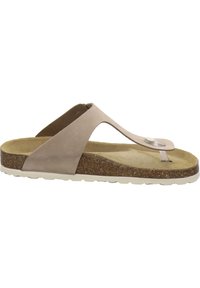 Brown cork flip-flop sandal with light beige synthetic upper, thong design, and smooth, textured footbed. Features a circular accent on the strap.