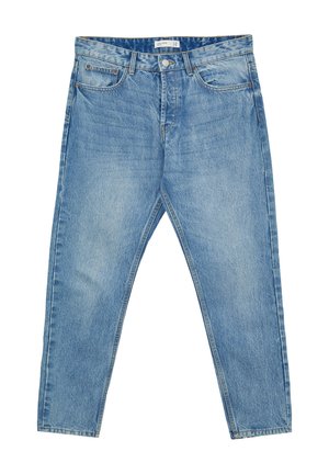 Hellblaue Jeans aus Denim mit geradem Bein, fünf Taschen, kontrastierenden Nähten und einem Reißverschluss. Merkmale eine gewaschene und verblasste Textur.