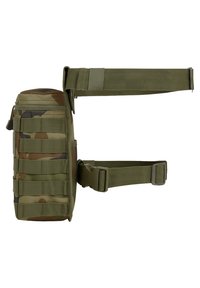 Kamuflažni taktični žep z zadrgo, ravnimi trakovi in modularnim pletenjem ob strani. Narejen iz trpežnega blaga, predvsem zelenega in rjavega.