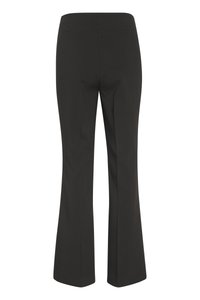 Pantaloni negri croiți, cu o croială dreaptă, ușor evazată și talie înaltă, expuși pe un fundal alb.