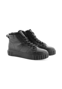 Schwarze High-Top-Sneaker aus Leder mit strukturiertem Finish. Mit Kunstfellfutter, flachen Schnürsenkeln und einer dicken Gummisohle mit Vertiefungen.