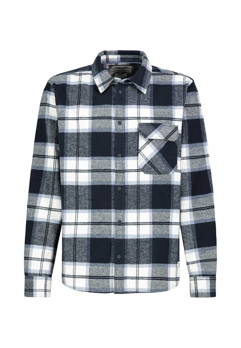 Navy- und weiße karierte Flanellshirt mit langen Ärmeln, Knopfverschluss und einer Brusttasche mit diagonaler Karomuster.