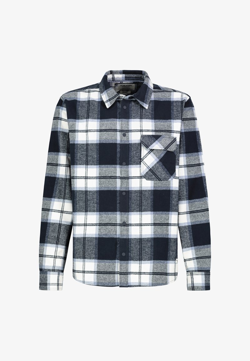 Navy- und weiße karierte Flanellshirt mit langen Ärmeln, Knopfverschluss und einer Brusttasche mit diagonaler Karomuster.