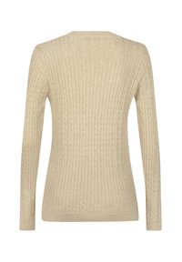 Beige gerippter Pullover mit langen Ärmeln, Rundhalsausschnitt und strukturiertem Muster. Weicher Stoff mit einer figurbetonten Passform und gerippten Bündchen.