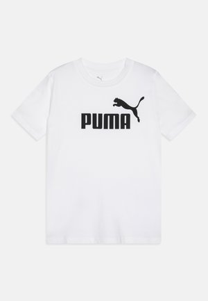 T-shirt em algodão branco com um logo preto "PUMA" e uma imagem de um puma a saltar, gola redonda e mangas curtas.