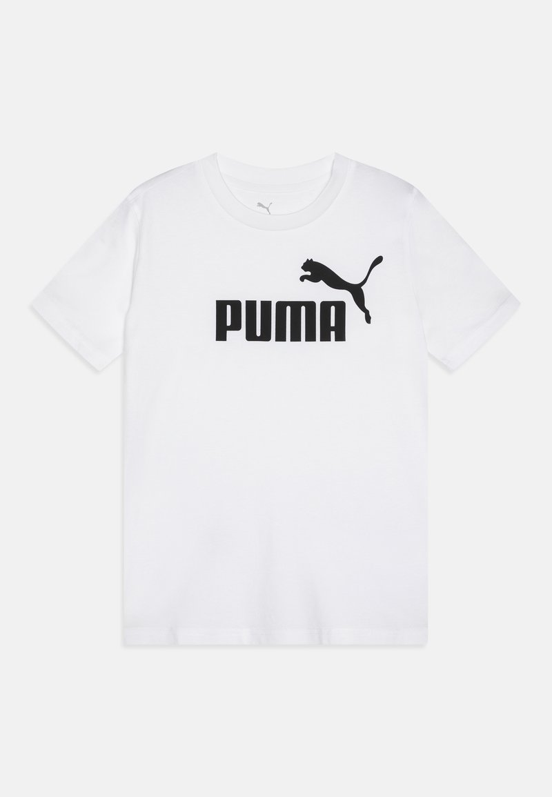 Balta kokvilnas t-kreklā ar melnu "PUMA" logo un lecošā pumā grafiku, apaļa kakla un īsām piedurknēm.