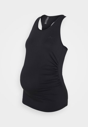 Top de maternidade preto, com um design ajustado, tecido elástico, lados fruncidos e estilo de costas nadadora para conforto e suporte.