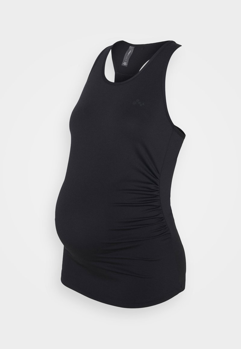 Top de maternidade preto, com um design ajustado, tecido elástico, lados fruncidos e estilo de costas nadadora para conforto e suporte.