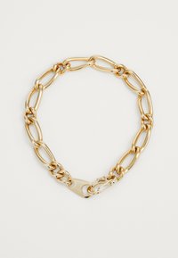 Gold-toned metal chain necklace featuring interlocking oval links and a secure lobster clasp. Smooth, shiny finish with no visible patterns.