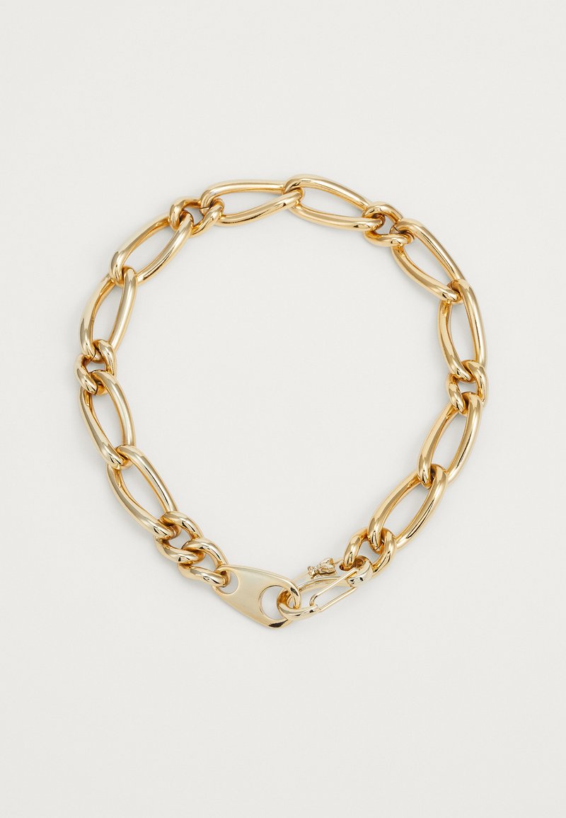 Gold-toned metal chain necklace featuring interlocking oval links and a secure lobster clasp. Smooth, shiny finish with no visible patterns.