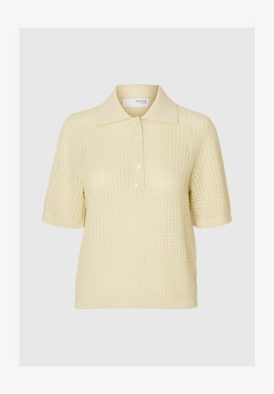 Hellgelbes, gestricktes Polohemd mit Kragen, kurzen Ärmeln und fünf Frontknöpfen. Strukturierter Stoff mit Karomuster.