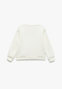 Witte sweatshirt met een eenvoudig ontwerp, geribbelde manchetten en zoom, zachte textuur en een ronde halslijn. De achterkant is onversierd, minimalistische stijl.