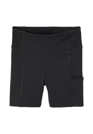 Black high-waist athletic shorts with side pocket and visible stitching on a white background.