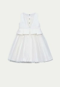 Abito bianco con un corsetto senza maniche, vita a peplo e gonna a campana in tulle. Presenta tre bottoni decorativi sul retro. Texture liscia.