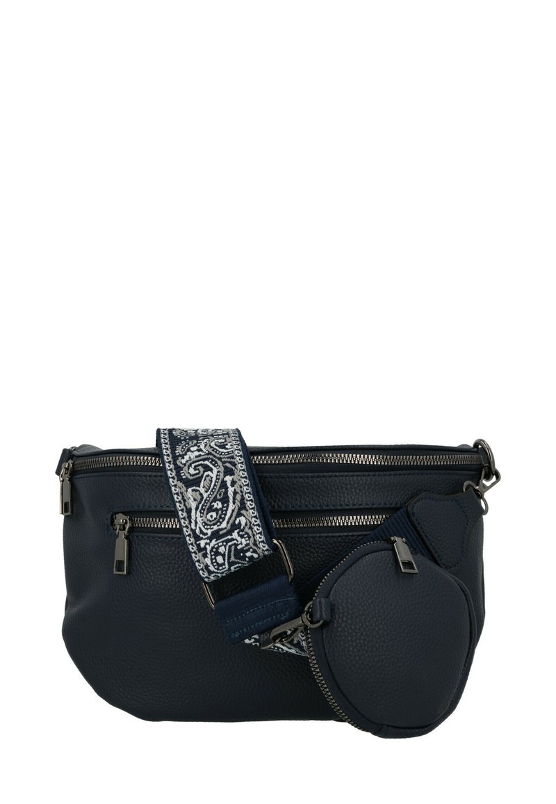 Borsa a tracolla in pelle blu navy con cerniere argentate e tracolla in tessuto staccabile con motivo paisley, dotata di un piccolo pouch rotondo attaccato.