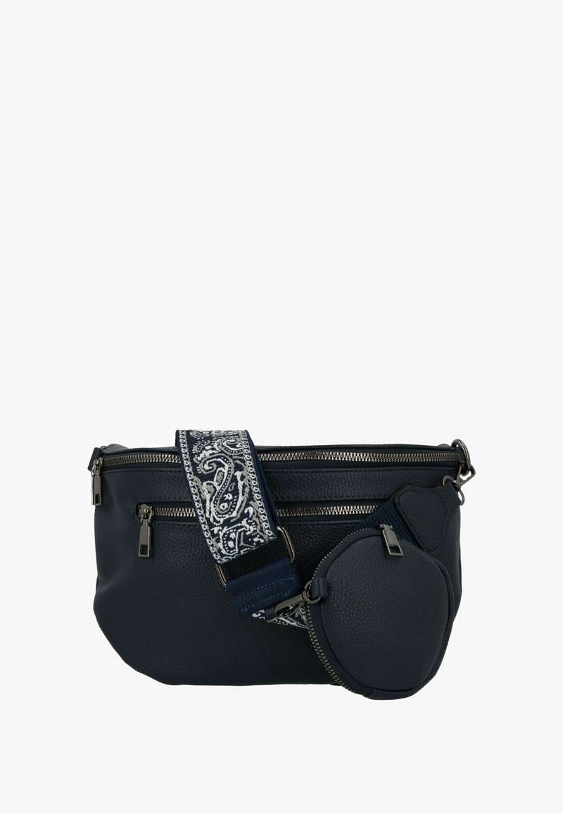 Borsa a tracolla in pelle blu navy con cerniere argentate e tracolla in tessuto staccabile con motivo paisley, dotata di un piccolo pouch rotondo attaccato.