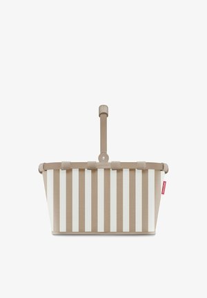 Beige and white vertically striped rectangular basket with a single central handle and a red brand tag on the side.