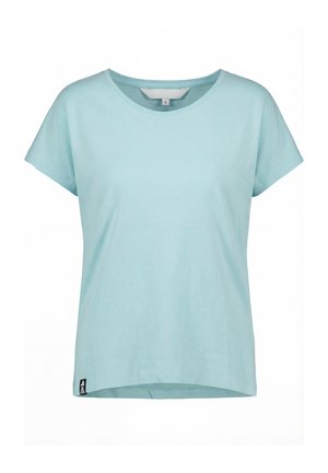 Hellblaues Baumwoll-T-Shirt mit kurzen Ärmeln, Rundhalsausschnitt und kleinem schwarzem Etikett am unteren Saum, Größe S.