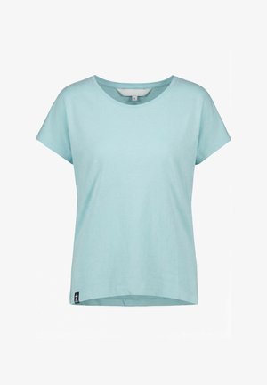 Lichtblauw katoenen T-shirt met korte mouwen, ronde hals en een klein zwart label onderaan de zoom, maat small.