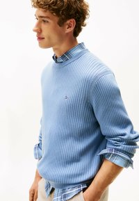 Młody mężczyzna w jasnoniebieskim swetrze o prążkowanej strukturze, noszący niebieską koszulę w kratę, z podwiniętymi rękawami, stojący w profilu na białym tle.
